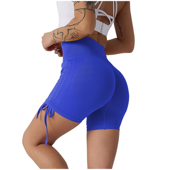Mrat Compression Shorts Ladies Women High Waisted Hip Lifting Fitness Yoga Shorts Elastic Waist Short 3/4 Length S-674 Blue M