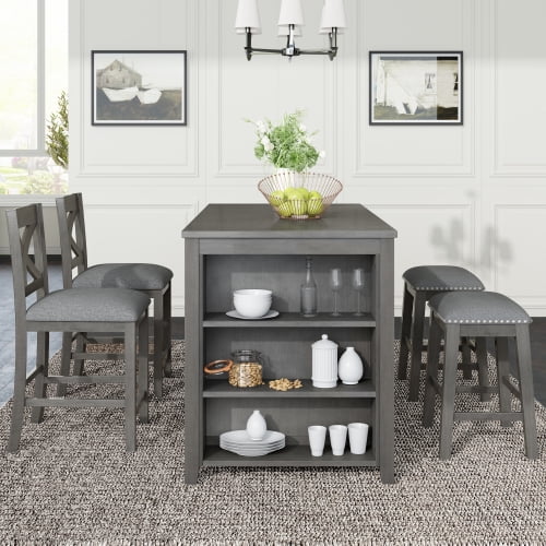 Rustic Farmhouse Dining Room Wooden Bar, Rustic Grey Counter Height Dining Table Set