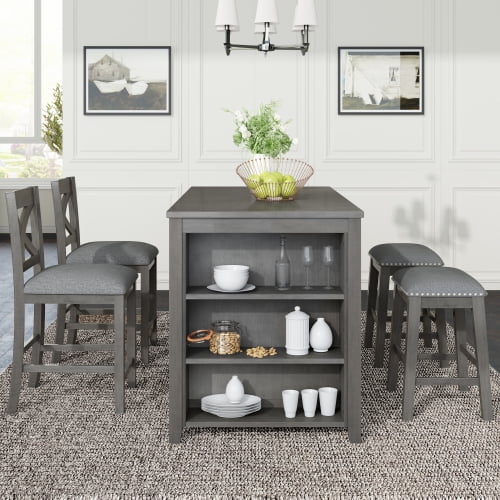 5 Pieces Counter Height Rustic Farmhouse Dining Room Wooden Bar Table Set With 2 Stools And Chairs Gray Com Rustic Farmhouse Dining Room Wooden Bar, Rustic Grey Counter Height Dining Table Set