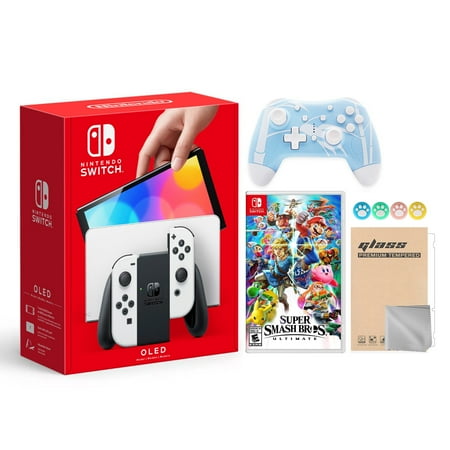 Nintendo Switch OLED Model White Joy Con 64GB Console Improved HD Screen & LAN-Port Dock with Super Smash Bros. Ultimate And Mytrix Wireless Switch Pro Controller and Accessories