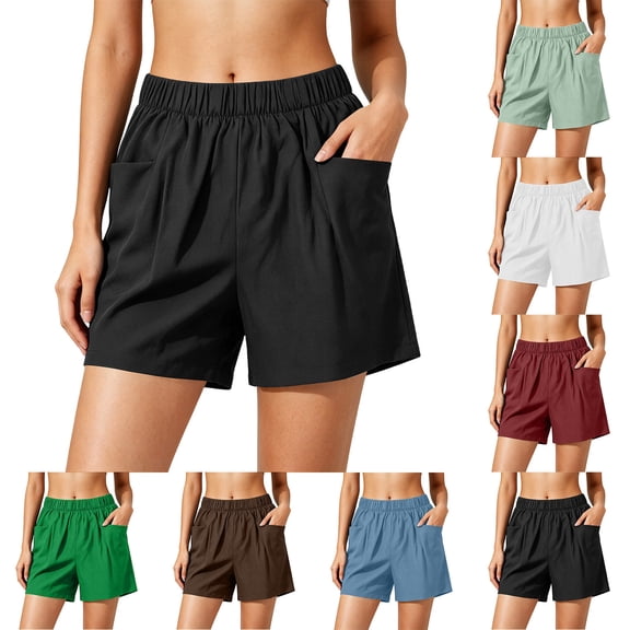 Ihhxva Cotton Shorts for Women Relaxed Fit Elastic Waist Solid Color with Pockets Adjustable Stretchable Summer Exterior Pocket Mid Rise Flat Front Casual Beach Workout Lounge S-2XL