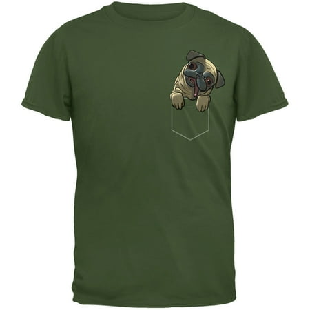 Adult Military Green T-shirt - Pocket Pet Pug Military Green Adult T-Shirt