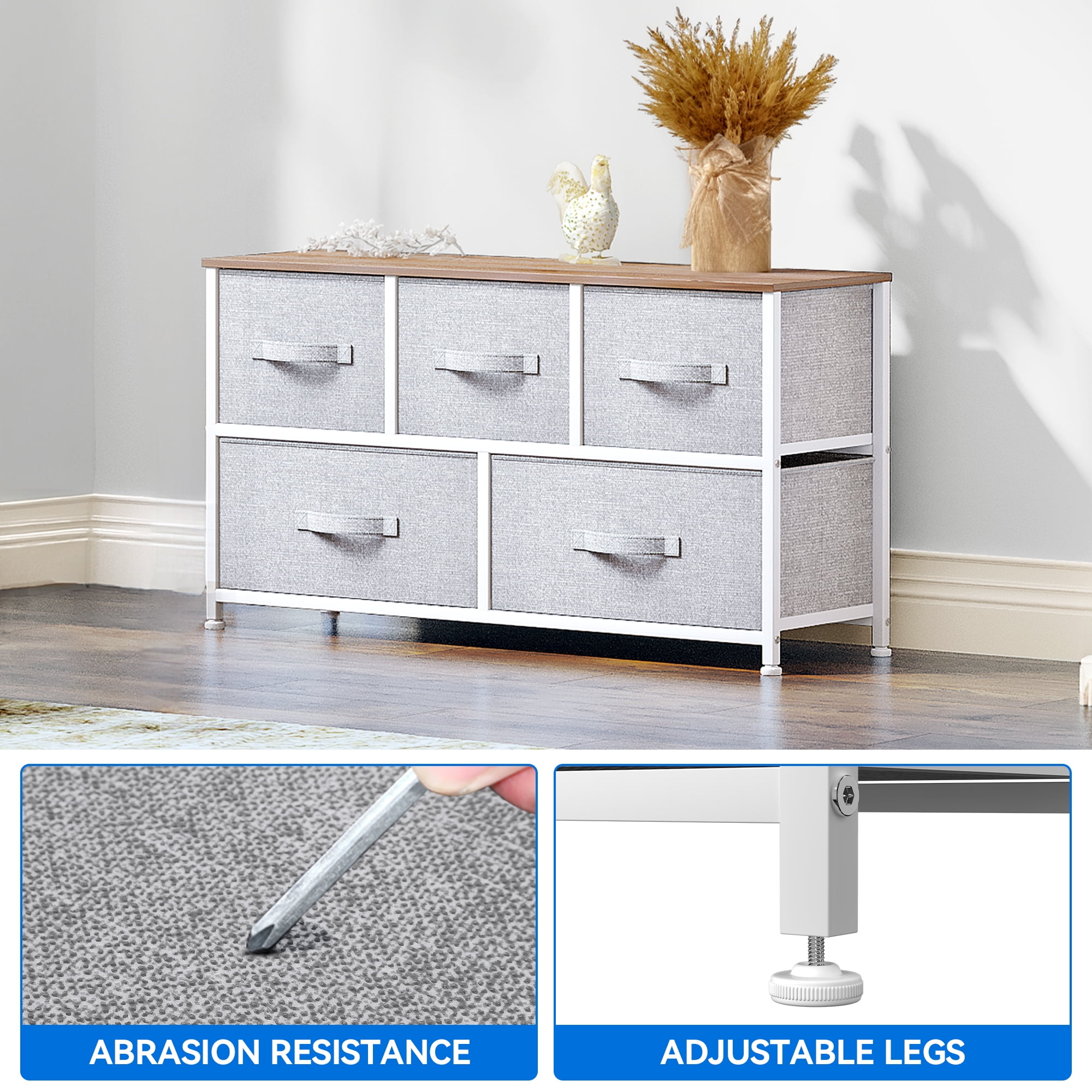 Uforic Fabric Dressers TV Stand with 5 Drawers, Wide Storage Tower Chest for Bedroom and Closet Light Grey