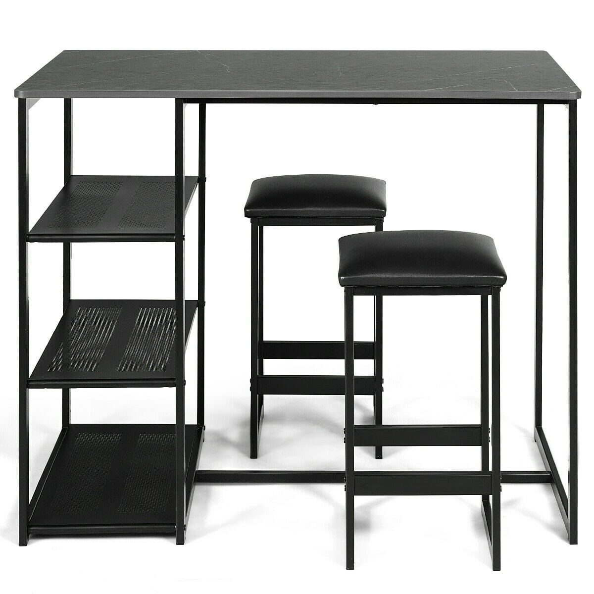 Gymax 3 Piece Pub Set Industrial Style Faux Marble Top Table and 2 Stools Dining Set