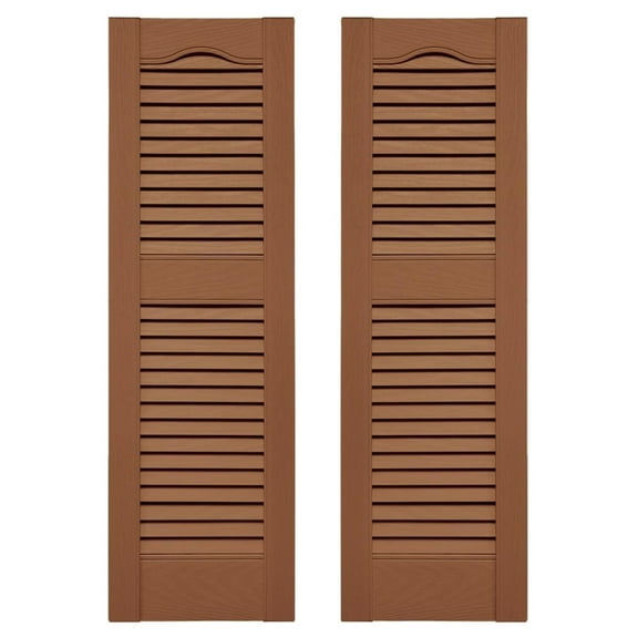 14.5 in. W x 67 in. H , Standard Cathedral Top Center Mullion, Open Louver Shutters, Includes Matching Installation Spikes (Per Pair), 471 - Treated Cedar