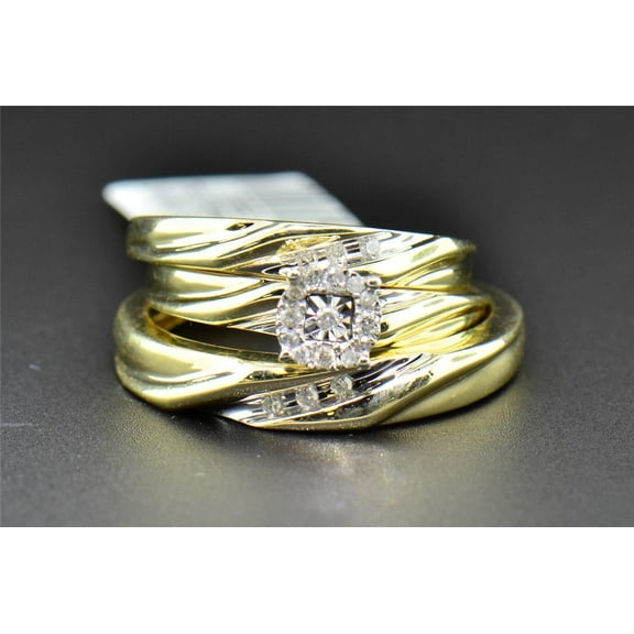 Diamond Trio Set His Hers Matching Engagement Ring Wedding Band 10K Yellow Gold