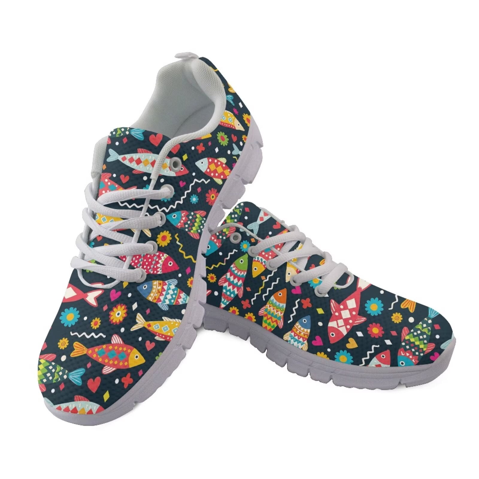 COEQINE Women Sneakers Girls Running Athletic Footwear Anti-Slip Mens Tennis Shoes for Indoor Outdoor Soft Training Shoes, Colorful Fish Hippie Flower