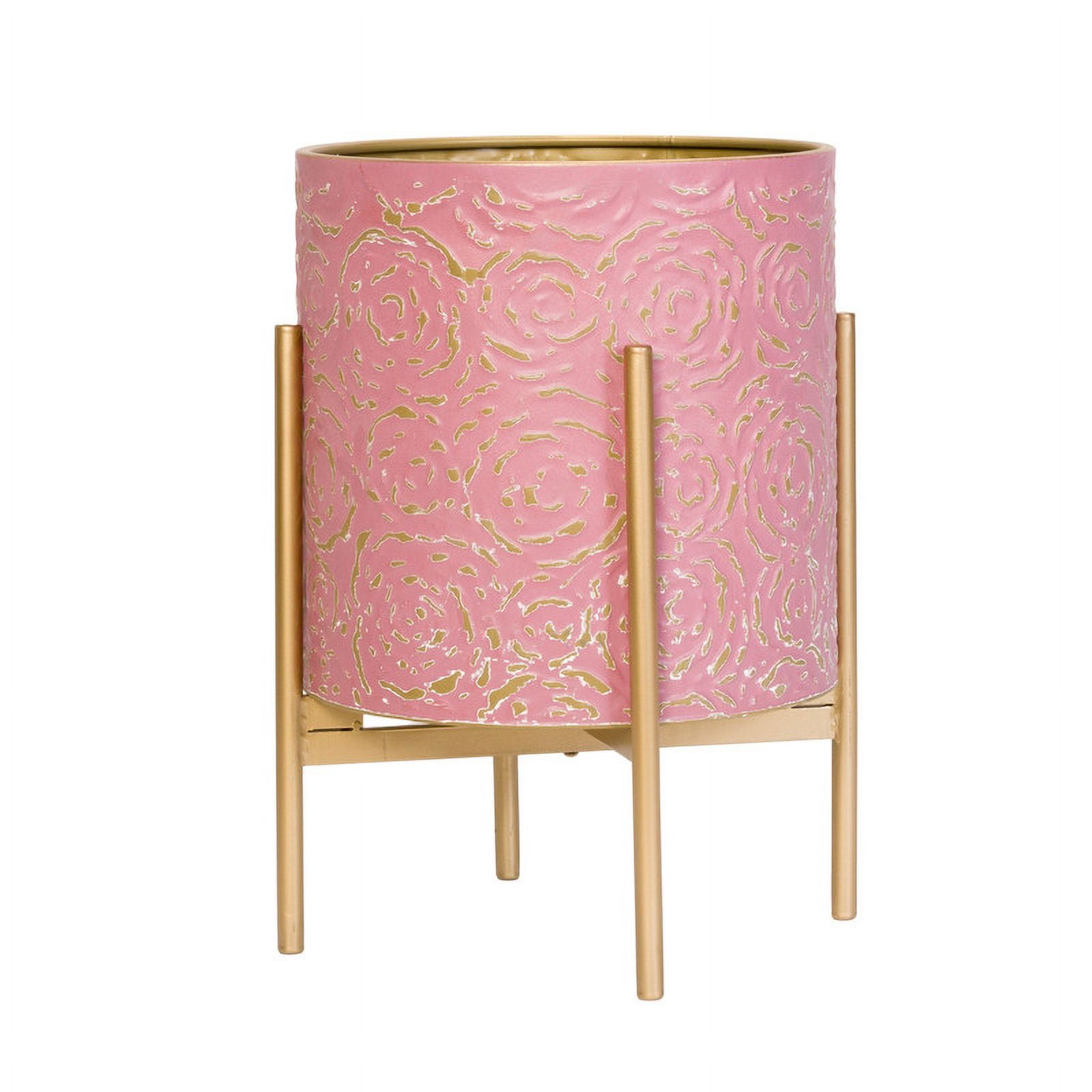 Floral Metal Planter Pot With 4-Leg Gold Metal Base - Pink & Gold - 18"H x 13.75"W