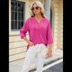 thumbnail image 5 of Blusas Elegantes e Informales para Mujer, Camisetas de 3/4 con Cuello en V y Puños Fruncidos. Rosa Roja XXL, 5 of 10