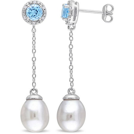 Tangelo 8.5-9mm Cultured Freshwater Pearl and 1-1/3 Carat T.G.W. Blue Topaz and Diamond-Accent Sterling Silver Drop Earrings