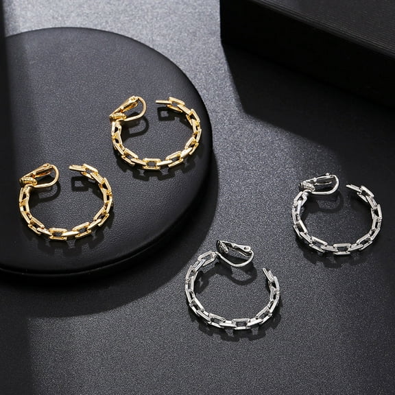 Clip on 1" silver or gold square chain link hoop earrings