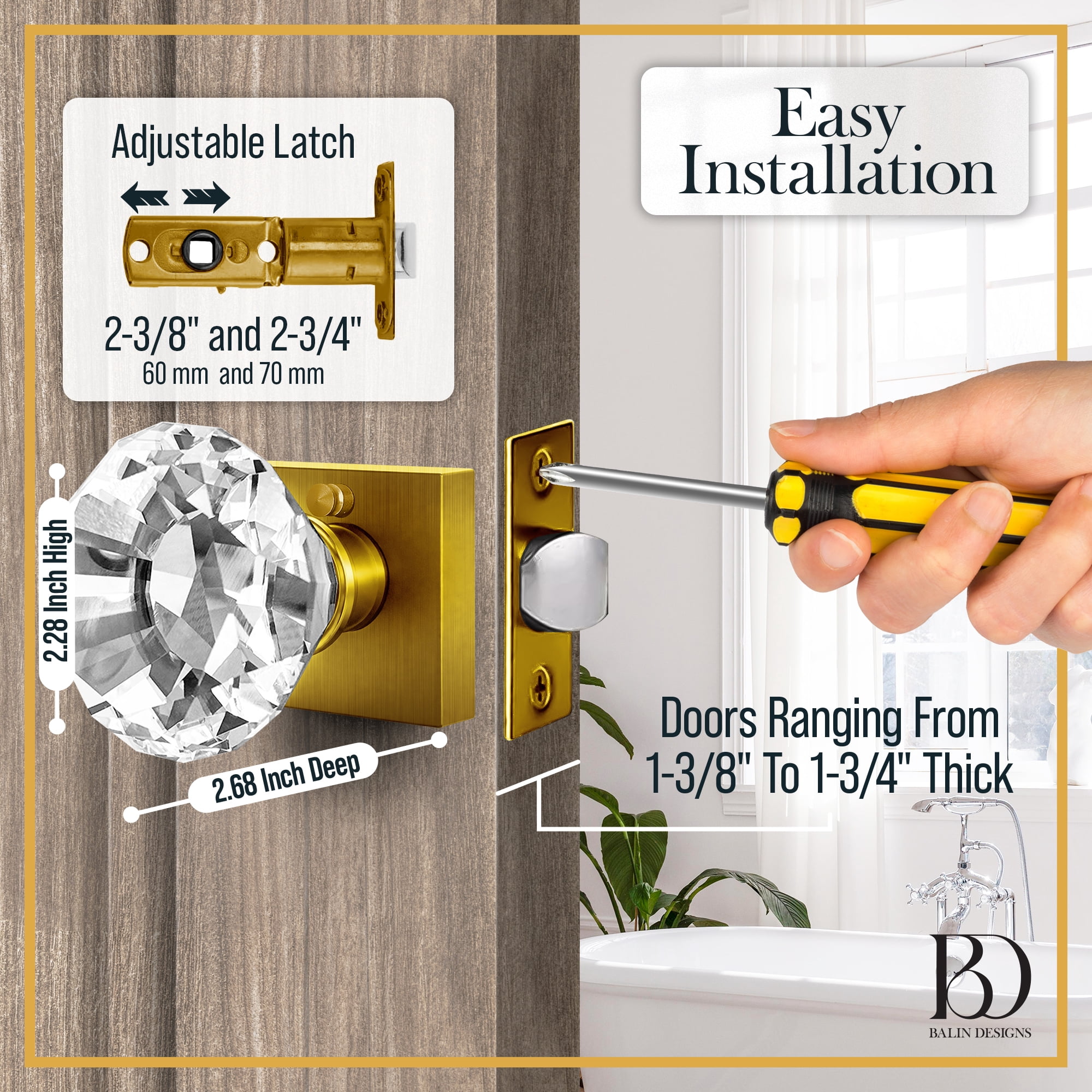 Balin Designs Gold Crystal Door Knobs with Lock, Glass Door Knobs Interior Privacy Set, Square Brass Vintage Decorative Antique Style Handle for Bedroom, Bathroom, Closet, 1 Pack