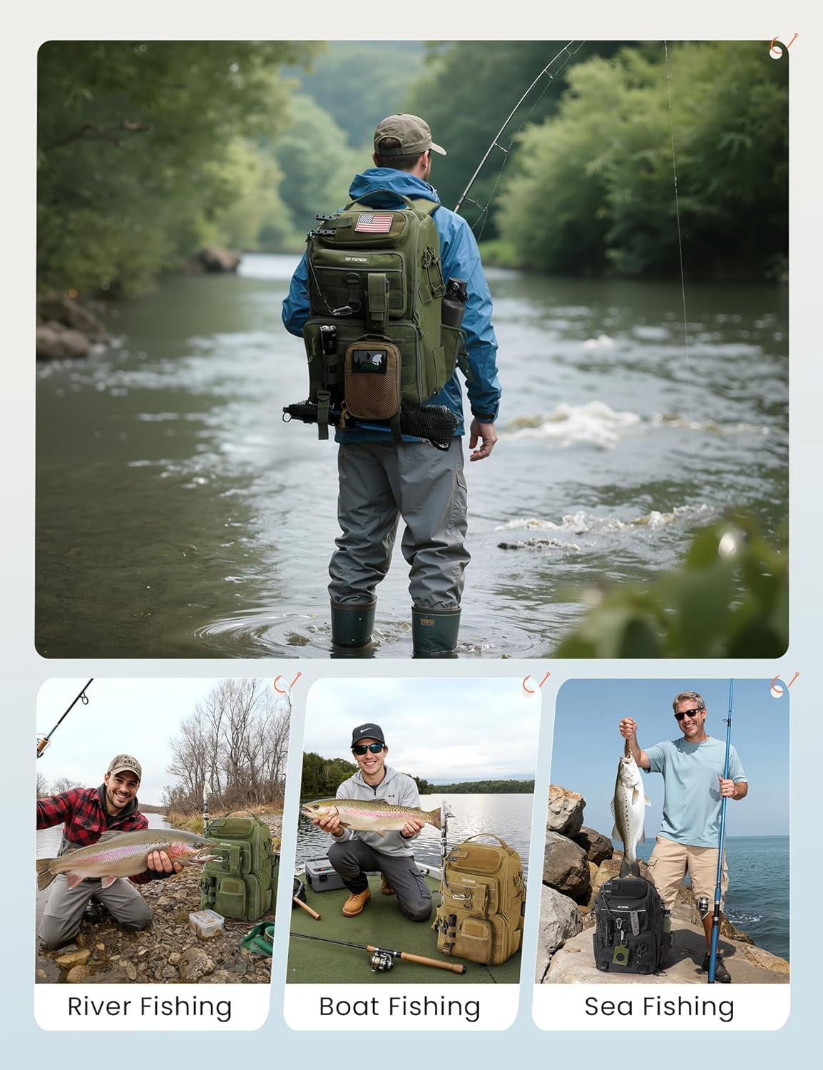 SKYSPER Tackle Backpack Fishing Bags with Rod Holder, 40L Water-Resistant Storage for Gear