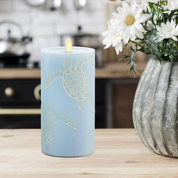 Luminara Flameless LED Candle with Debossed Sea Turtle (3x6.5) Moving Flame Pillar, Unscented, Real Wax with Recessed Edge, Battery Operated - Blue - Walmart.com