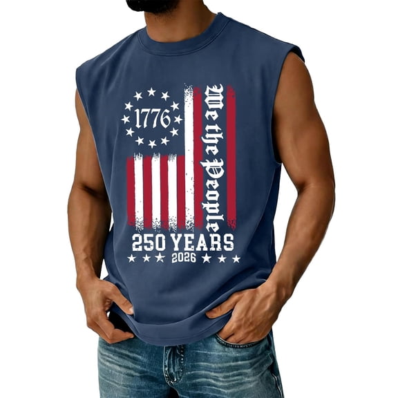 4th of July Tank Tops for Men Plus Size Loose Crew Neck American Flag Print Shirts Sleeveless USA 250th Anniversary Celebration Party Independence Day Patriotic Tees, L