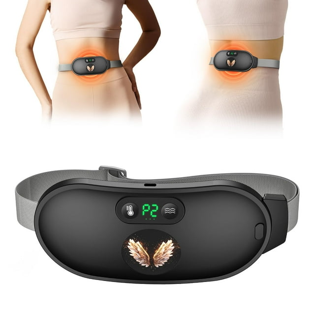almohadilla térmica koonie para calambres menstruales con 6 niveles de calor y masaje inalámbrica, dispositivo ovalado negro con pantalla LED verde que muestra 'P2', iconos de temperatura y masaje y correa gris ajustable; colocada sobre el abdomen de una mujer con efecto de calor naranja para alivio de cólicos; ligera, portátil y adecuada para uso en casa o en movimiento; también suele usarse para aliviar molestias abdominales leves fuera del periodo.