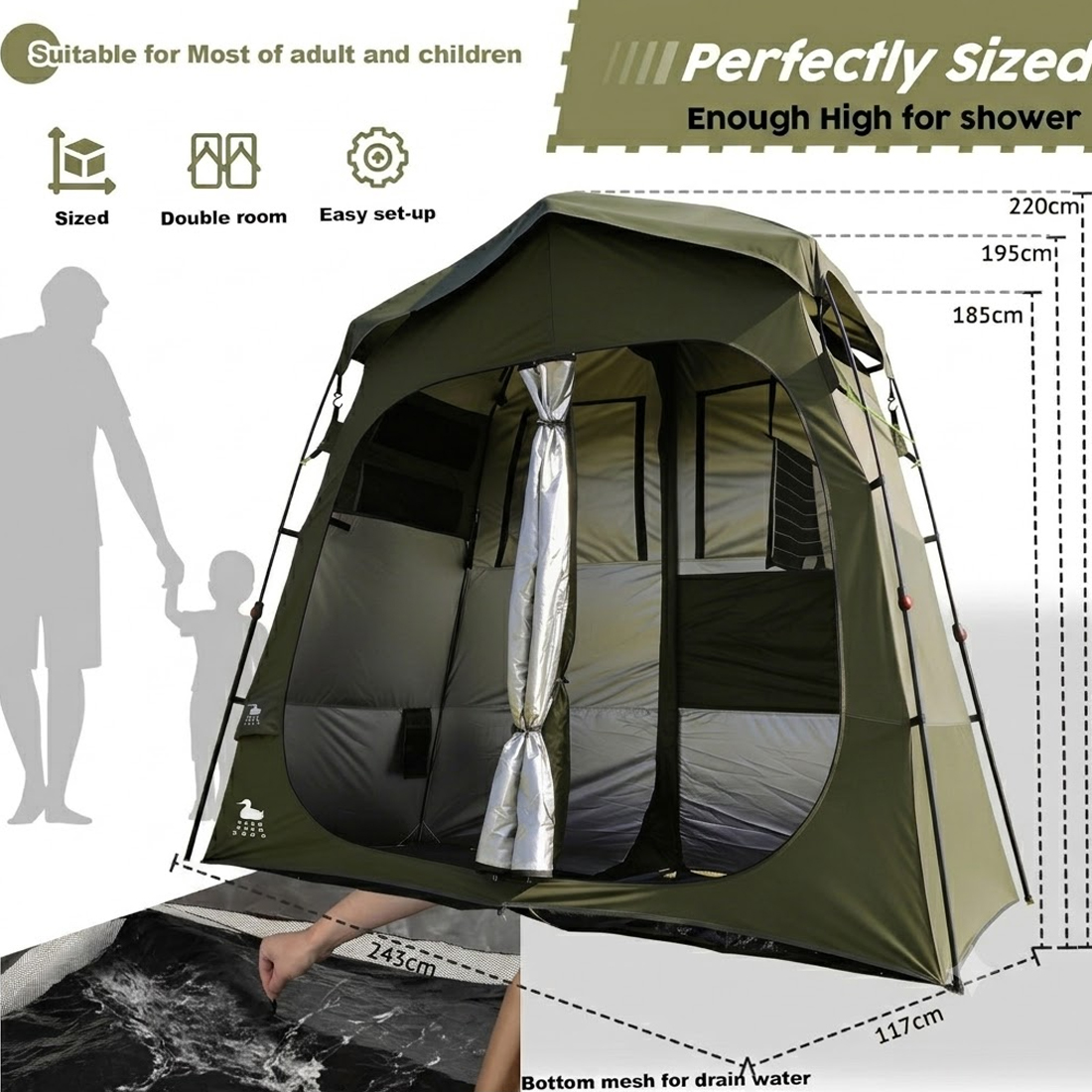 Carpa de ducha para acampar QUIETLEMON de 7.5 pies, carpa portátil de privacidad de 2 habitaciones con bolsa de ducha, baño y vestidor para exteriores, refugio instantáneo de apertura rápida para playa, campamento y senderismo 3