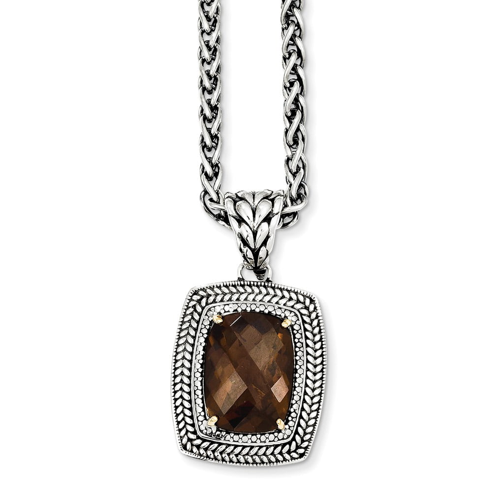 Mia Diamonds 925 Sterling Silver and 14k Yellow Gold Antiqued Smoky Quartz Necklace 