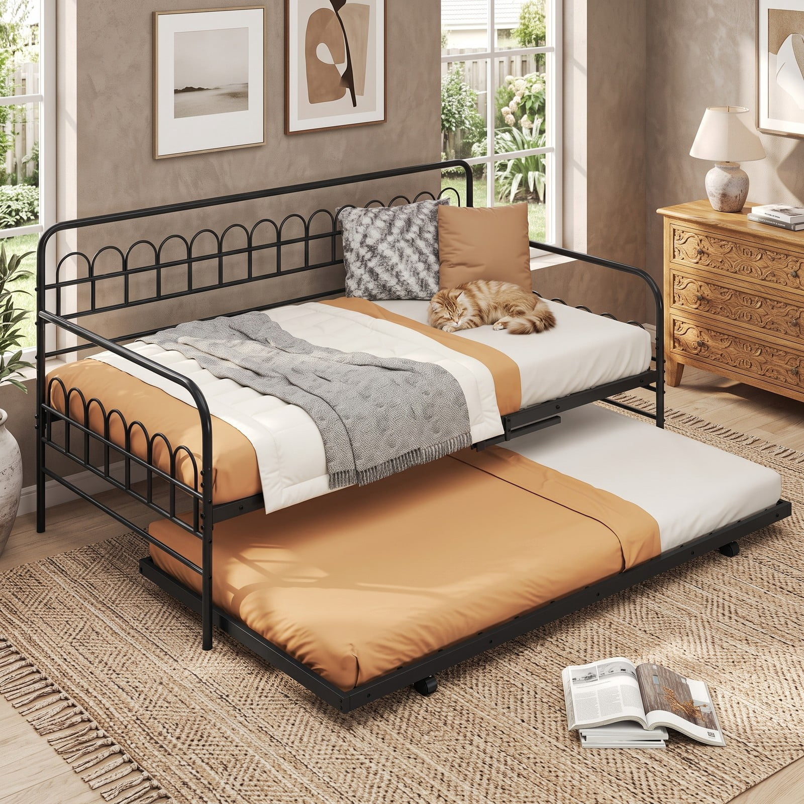 Furnibear Twin Metal Daybed with Pull-Out Trundle and Arched Rail Detailing on Lockable Casters for Bedroom and Guest Room, Black