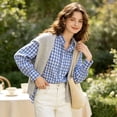 thumbnail image 3 of Shirts for Women Casual Plaid Ruffle Collar Long Sleeve Button Front Regular Fit Work Wear Shirt, 3 of 7