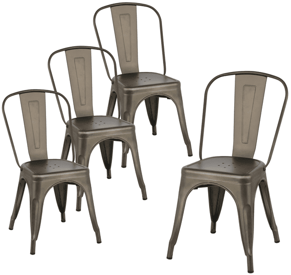 Classic Iron Metal Dining Chairs Set Of 4 With Back Gun Metal