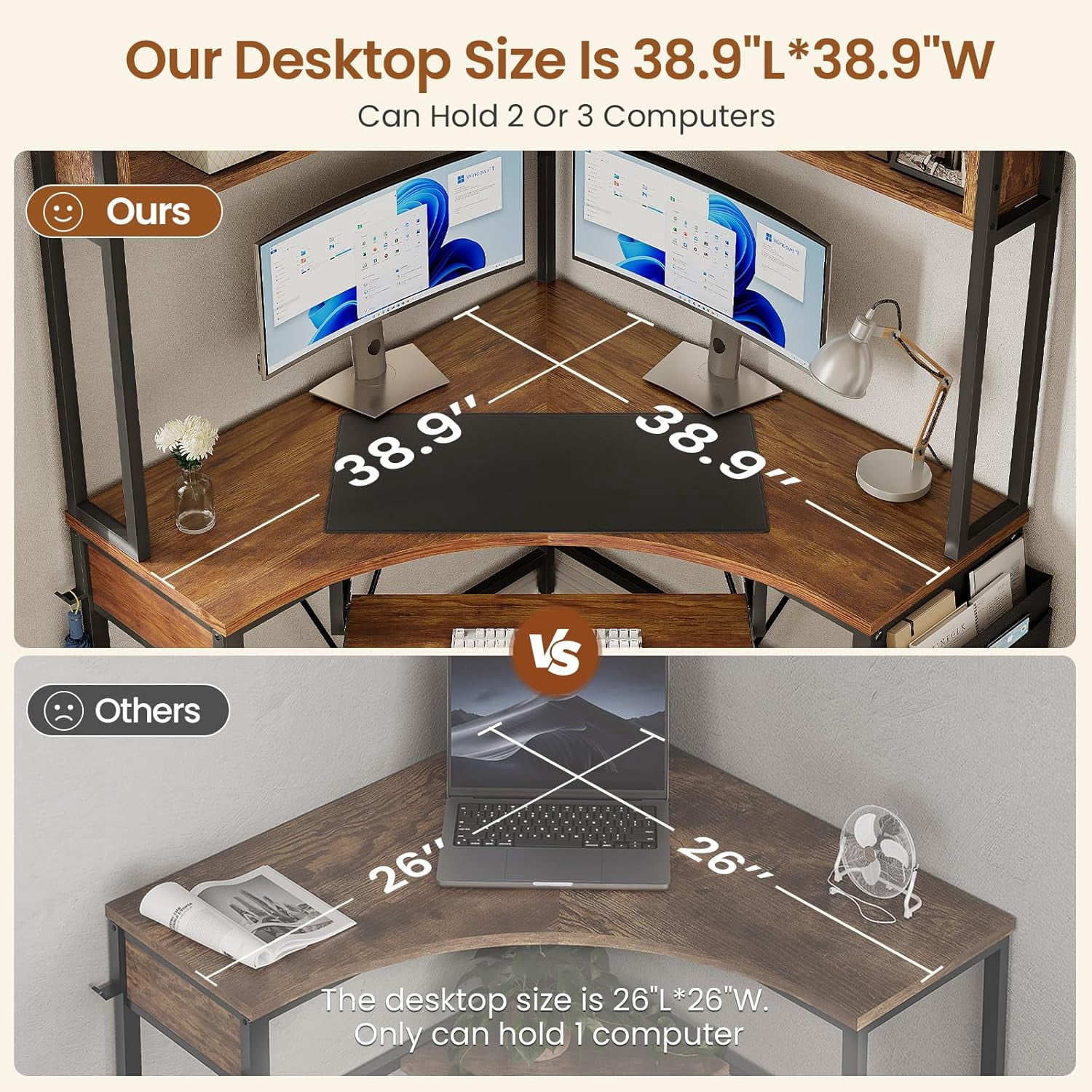 SEDETA Corner Gaming Desk with LED Lights&Hutch Computer Desk with Headphone Hook&Keyboard Tray for Bedroom, Rustic Brown