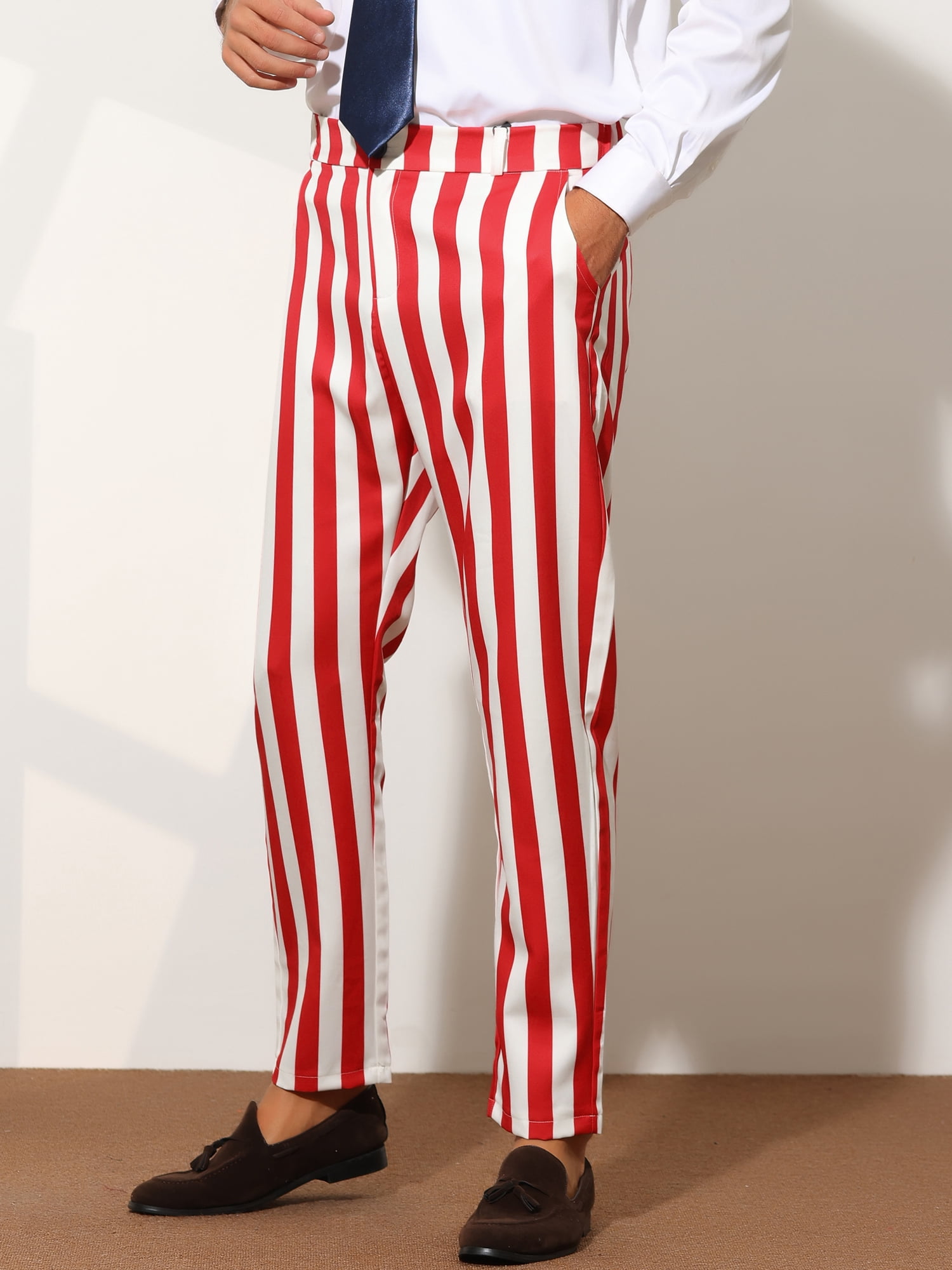 Unique Bargains Men's Striped Dress Pants Big & Tall Flat Front Business Trousers 34 Red White