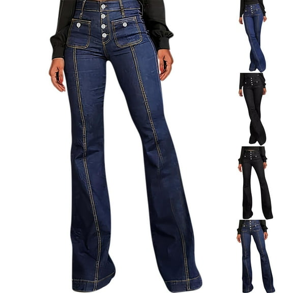 PXLKNZH Women's Flare Bell Bottom High Waist Jeans Vintage Stretch Bootcut Denim Trouser with Pockets,Black,XXL