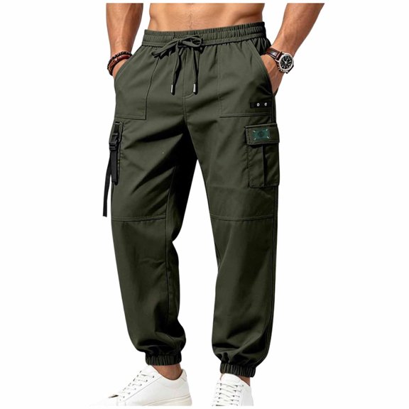 Zekutng Cargo Pants for Men Strap Decor Small Label Drawstring Tapered Jogger Pants,Sizes S-3XL