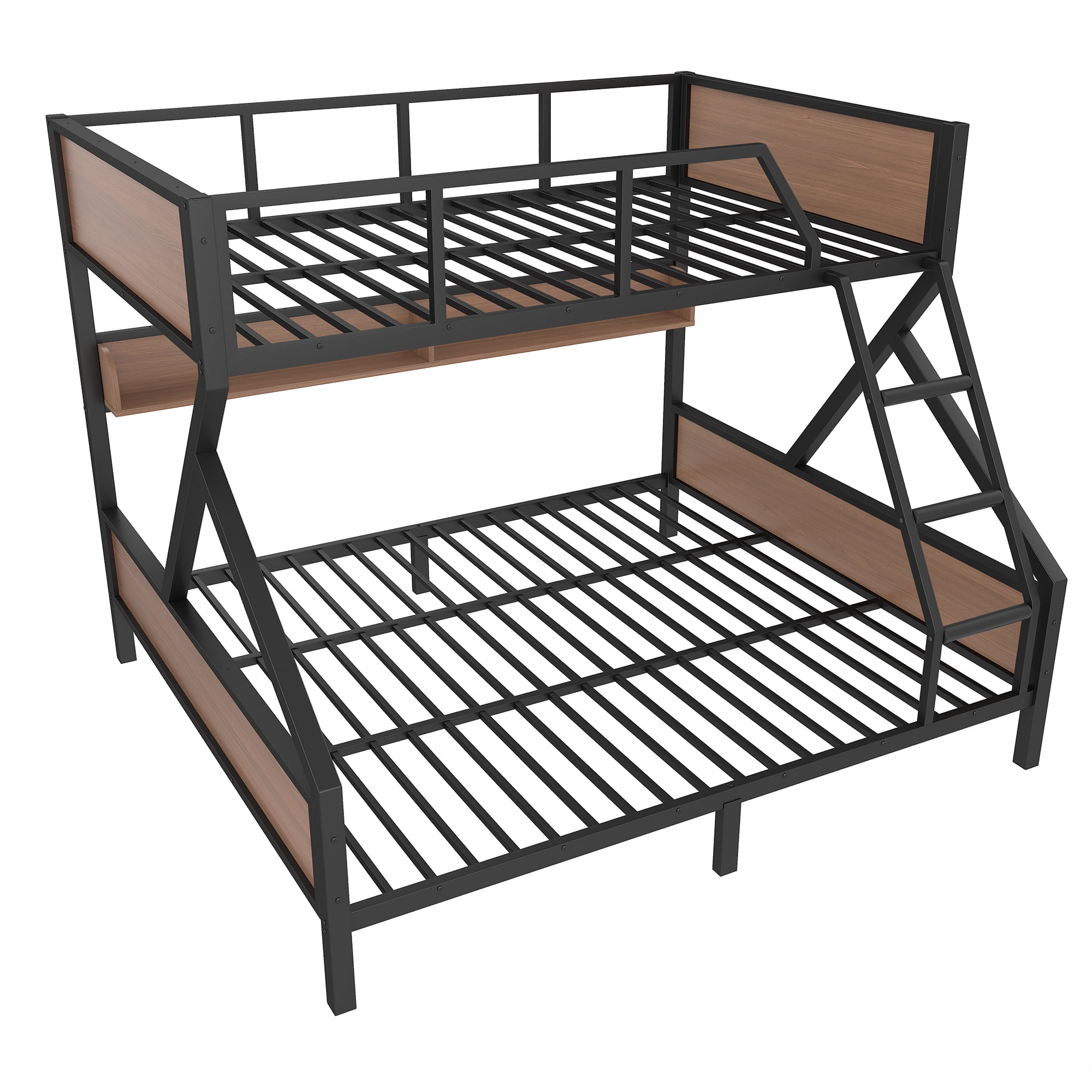 Queen over King Bunk Bed with Storage Shelves and LED Lights, Multifunctoinal Bunk Bed Frame with Ladder and Guardrails, Space-saving & Noise-free Design
