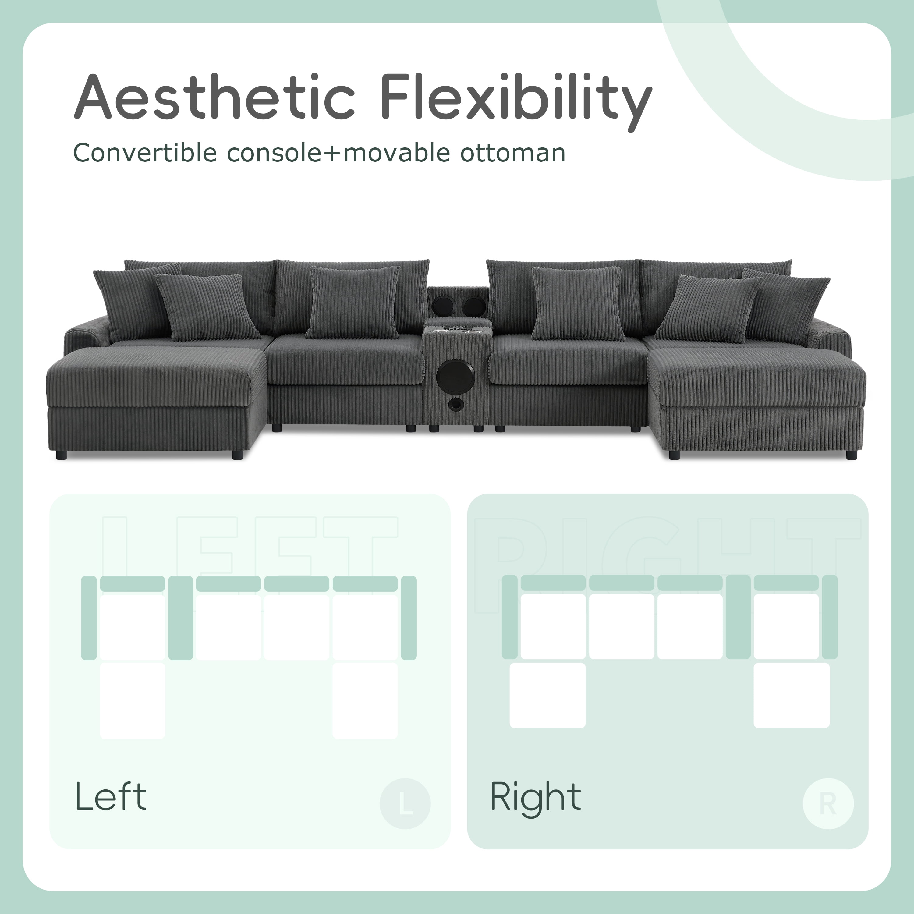AISWORD 112" U Shaped Sectional Couch with Bluetooth Speakers, USB Charger, Console with Cup Holders & Corduroy Chaise, Dark Grey
