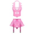 thumbnail image 1 of Eandarui Women's Sexy Wet Look Leather Lingerie Outfits Halter Lapel Crop Vest Top with Miniskirts Pink 4XL, 1 of 6
