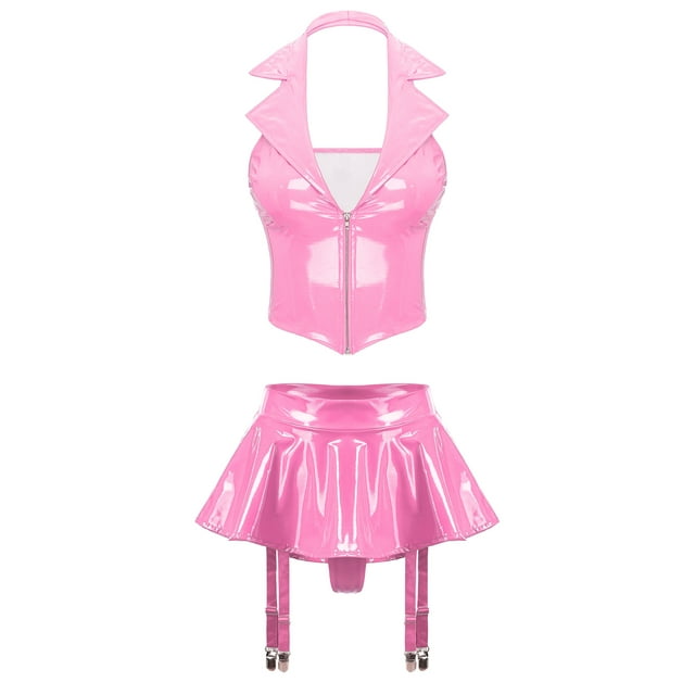 Eandarui Women's Sexy Wet Look Leather Lingerie Outfits Halter Lapel Crop Vest Top with Miniskirts Pink 4XL