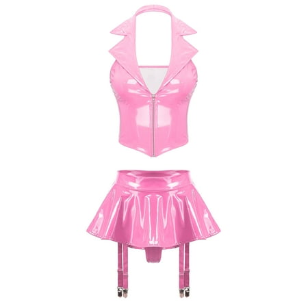 Doomiva Women Shiny Leather Lingerie Costume Two Pieces Halter Top Miniskirt Sexy Music Festival Pink XXL