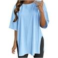 thumbnail image 2 of Delliss Women's Summer Casual Loose Blouse Fashion Solid Color Round Neck Simple Top Side Slit Hem Pullover Short Sleeve T-shirt, 2 of 7