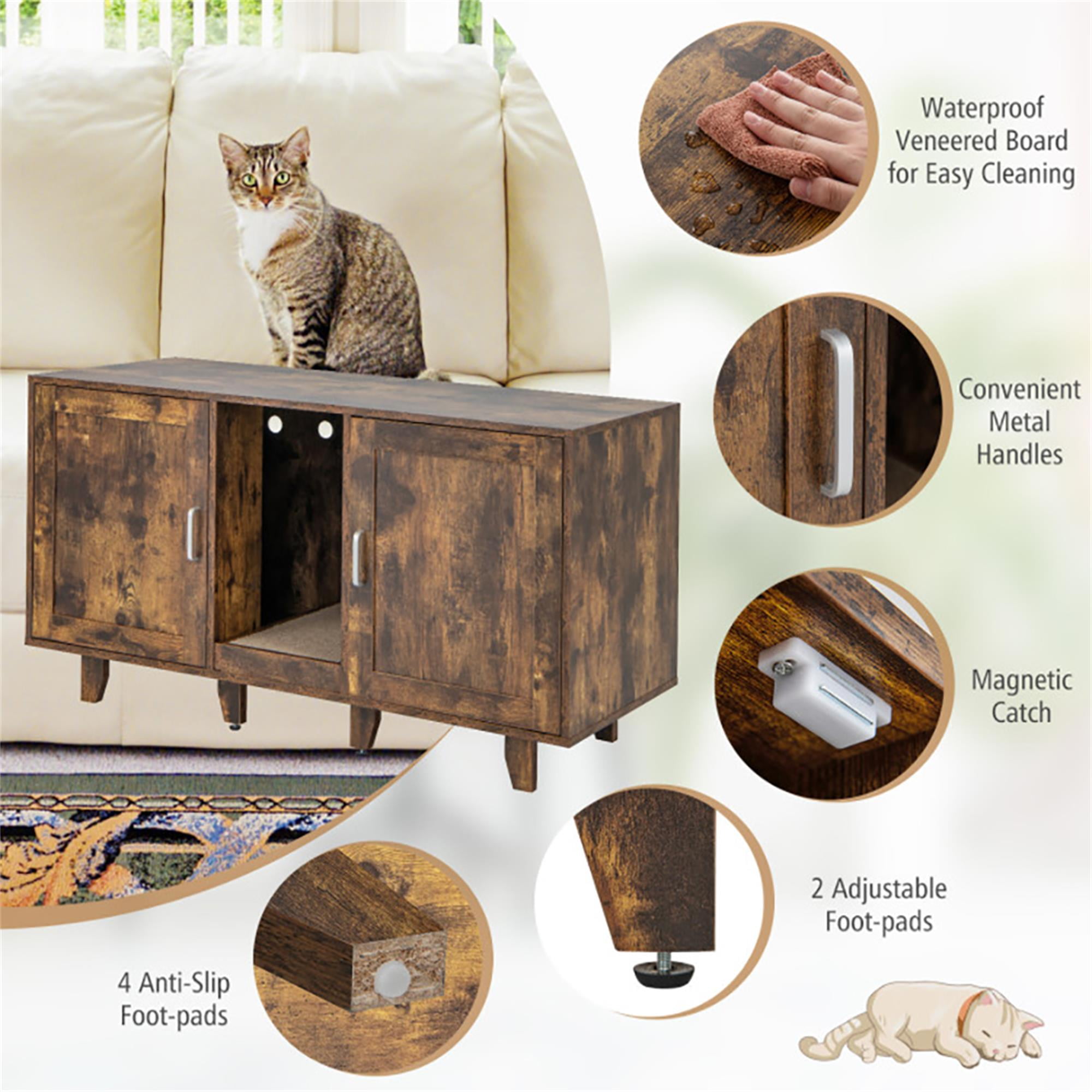 Kadyn 47" 2-Door Cat Litter Box Enclosure with Winding Entry and Scratching Board, Hidden Cat House Washroom Furniture, Dark Brown