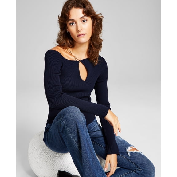 Women's Chain Cutout Long-Sleeve Sweater Midnight XS