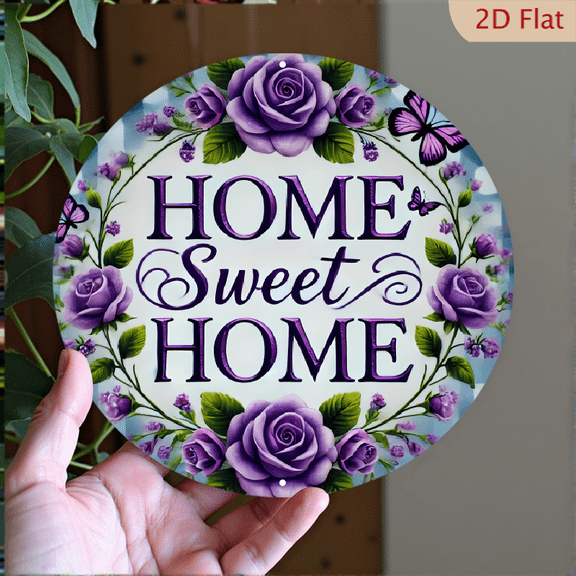 Sweet Home Sign, Purple Rose Decor, 8" Round Aluminum Wall Art Sign, Metal Signs, Wall Decor For Kitchen, Door, Office, Coffee, Bedroom Decor, Best Gift For Home, Bathroom Decor, Weird Decor, 2D Flat