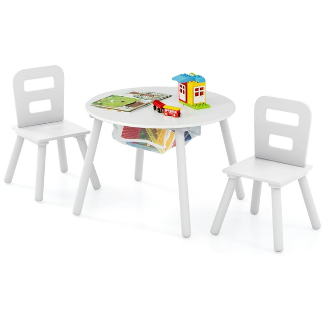 Costway Ensemble Table Ronde en Bois pour Enfants et 2 Chaises avec Rangement Central en Maille Blanc