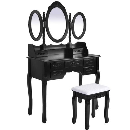Tri Folding Oval Mirror Wood Vanity Set Makeup Table W Stool 7