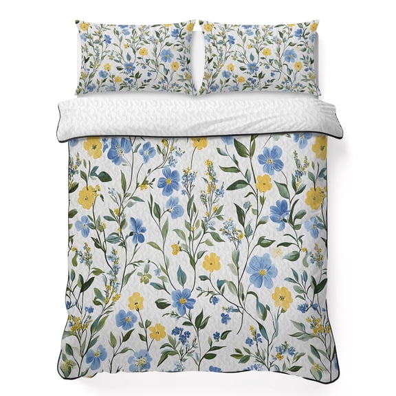 Twin XL Quilt Set, Spring Blue Yellow Flowers Leaves Lightweight Quilt Sets Summer Comforter Coverlets with 2 Pillow Shams, Garden Plant Breathable 3 Piece Bedding Set for All Seasons