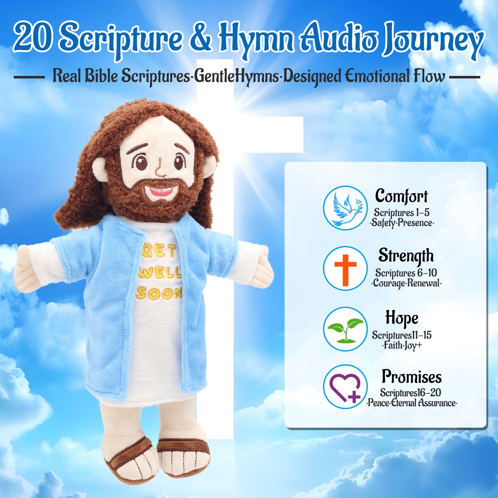 Talking & Singing Jesus Plush Doll, Christian Stuffed Toy For Kids, Plays Bible Verses Religious Gift For Christening, Baptism, Easter, Sunday School, Decor