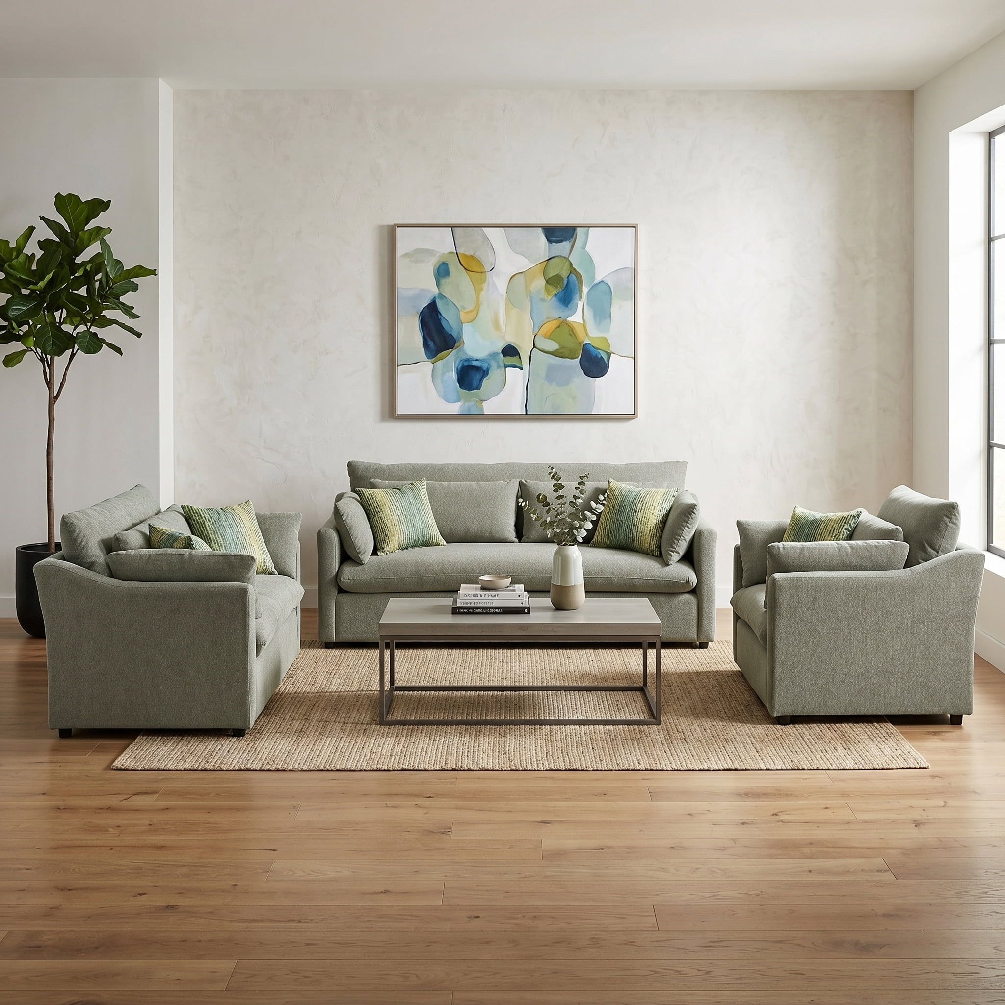 Roundhill Furniture Wilson 3-Piece Living Room Set, Sofa Loveseat and Cuddle Chair, Olive Green