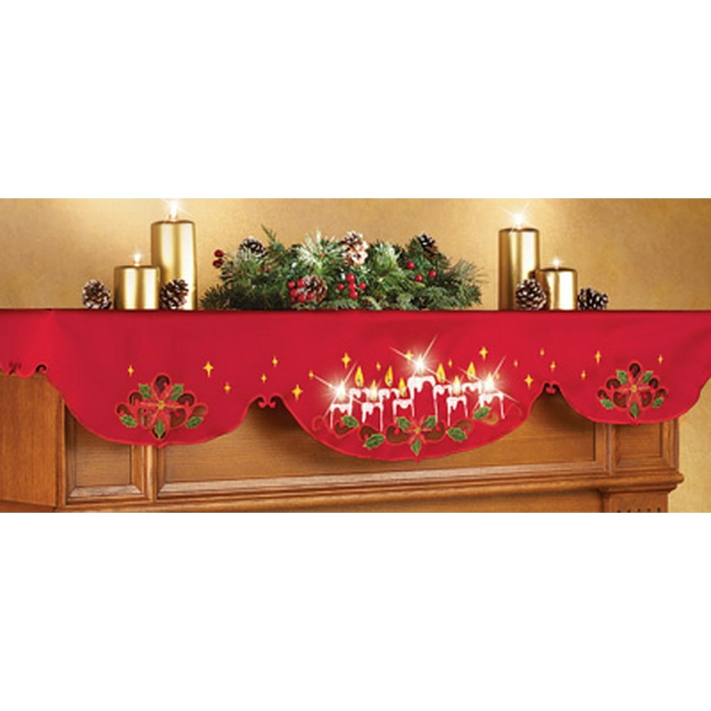 Lighted Christmas Candles Mantel Scarf Decor