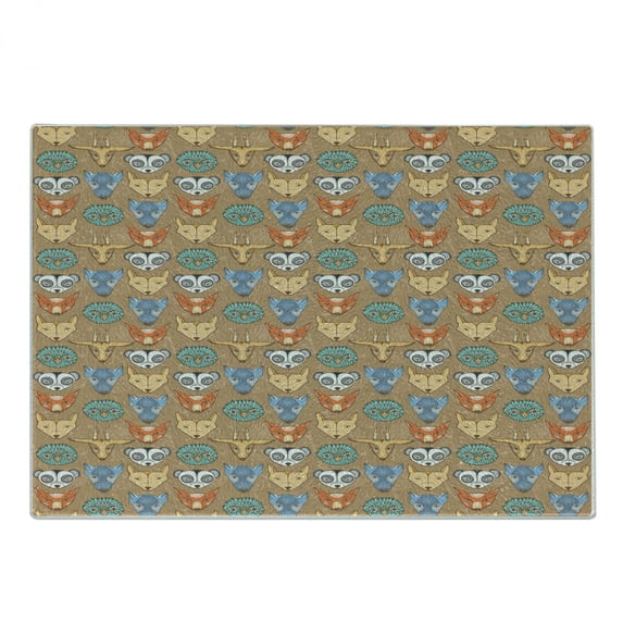 Cartoon Cutting Board, Forest Fauna Pattern Deer Owl Fox and Wolf Portraits on a Brown Toned Background, Decorative Tempered Glass Cutting and Serving Board, Small Size, Multicolor, by Ambesonne