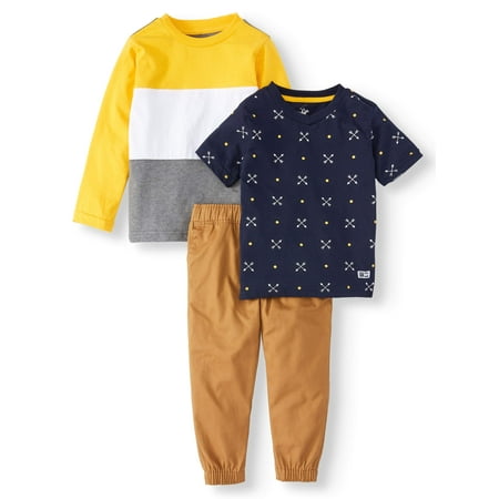 Toddler Boys' Long Sleeve Colorblock T-Shirt, Short Sleeve Allover Print T-Shirt and Twill Jogger, 3-Piece Outfit Set