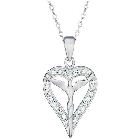 Lavaggi Jewelry Clear/White Crystal Sterling Silver Inspirational Angel Heart III Necklace, 18 Chain, 925 Designer