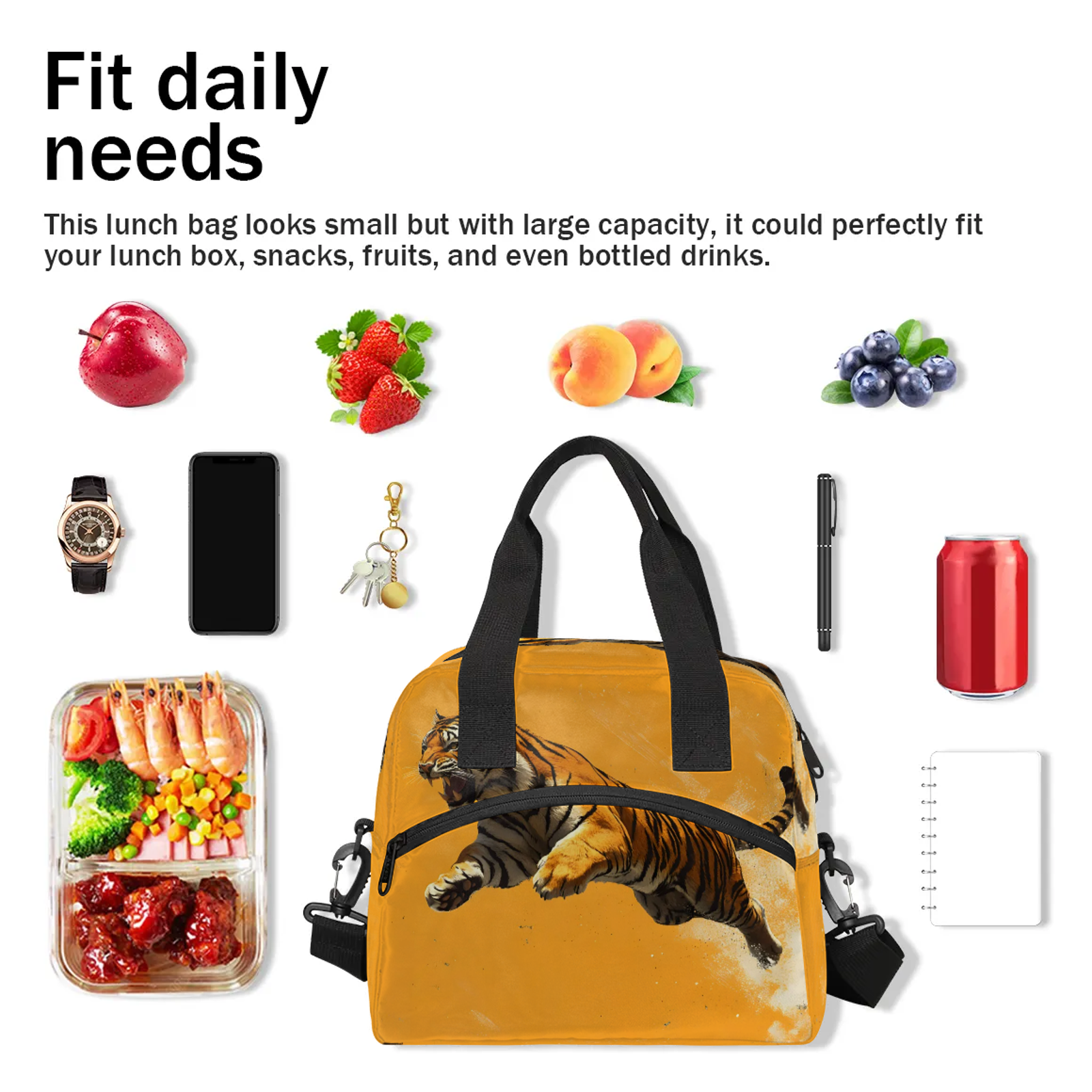 Herdesigns Tiger Lunch Bag for Women Men Adult, Funny Tiger Large Insulated Reusable Lunch Box Leakproof Portable Cooler Tote Bags for Work Picnic Beach