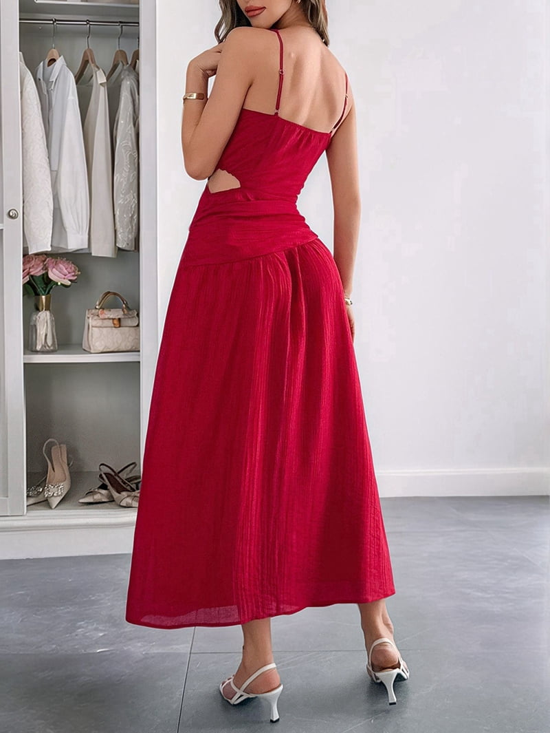 Women'S Summer Sleeveless Casual Dresses V-Neck Wrinkles Backless Party Dress Red M