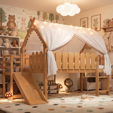 Bellemave Low Loft Bed Twin Size with Slide, Wooden House Loft Bed with LED Lights & Storage Shelves, Low Profile Bed Frame with Round Shape Guardrails for Kids, Natural